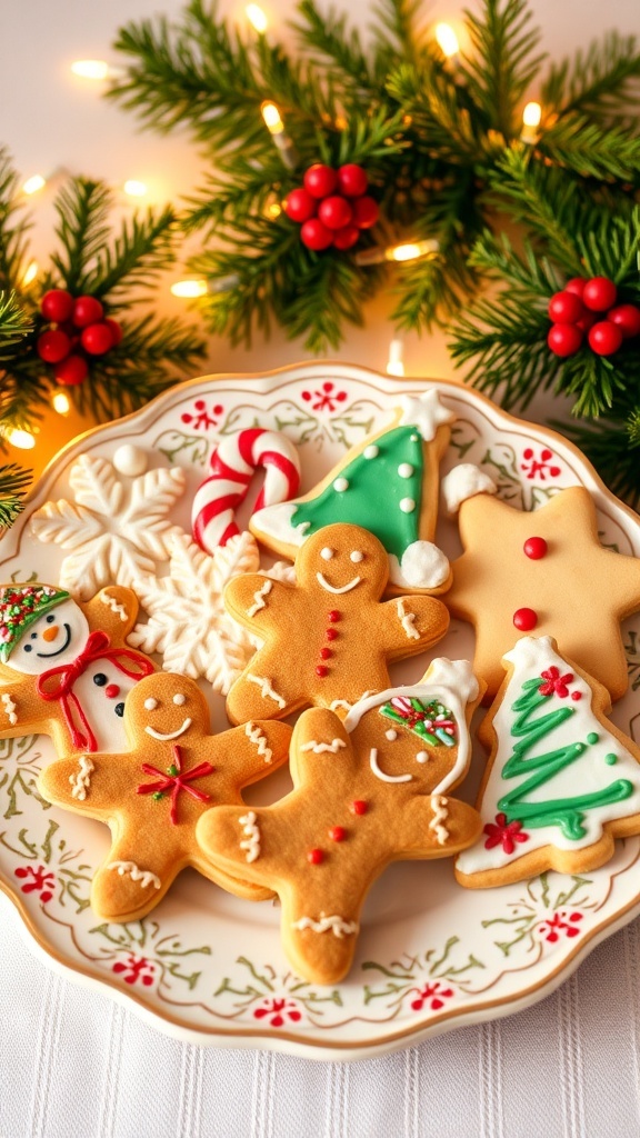 A plate of decorated Christmas cookies including gingerbread men, snowflakes, and Christmas trees.